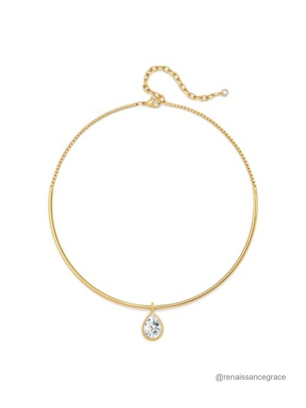 Gold Plated Brass Choker Necklace with CZ Teardrop Pendant